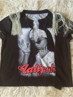 Black Aaliyah Graphic Tee with Silver Shoulder Fringe